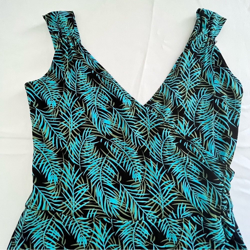 Zen Knits Women’s Mock Wrap Mini Dress Sleeveless Tropical Leaf Print Small